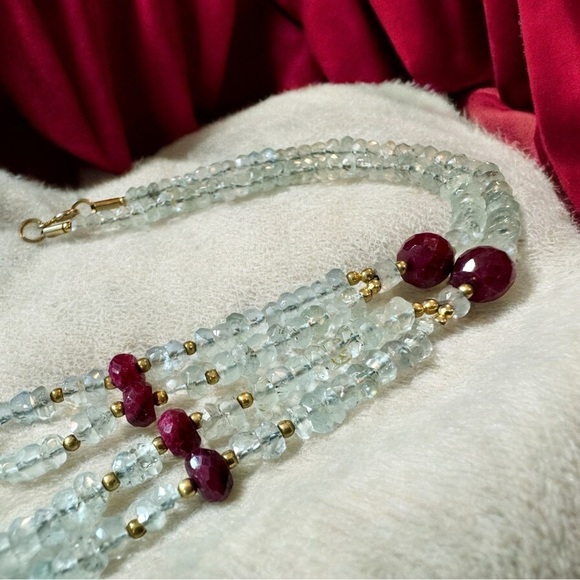Hand-Faceted Raw Ruby & Aquamarine Gold Over Sterling Necklace - Picture 2 of 6